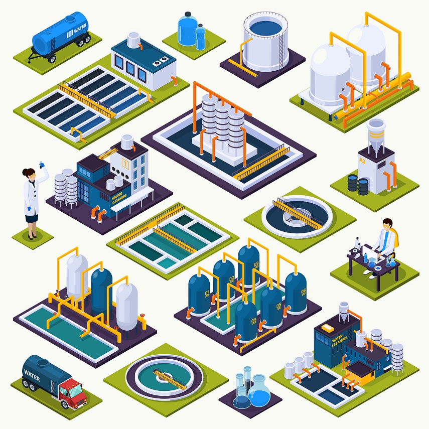 Water cleaning set of isometric icons with facilities of purification plant, laboratory test, transportation isolated vector illustration