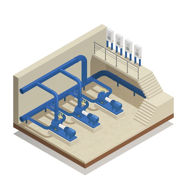 Water purification and cleaning facility element isometric composition with treatment plant pump system equipment vector illustration